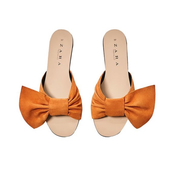 Zara Orange suede Bow slide Sandals sz 36 - Picture 1 of 8
